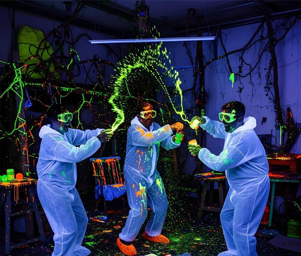 Three people in white protective coveralls, goggles and booties throwing glowing neon paint at each other under blacklight