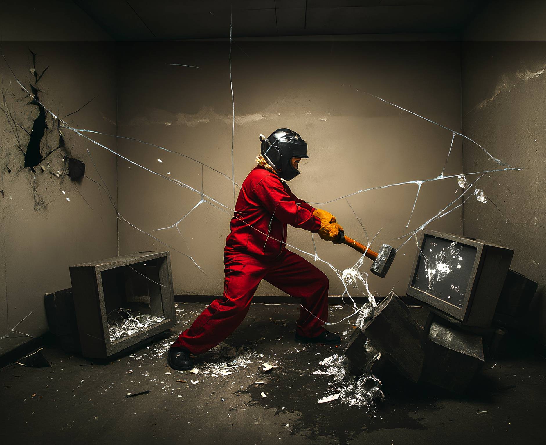 A person in red coveralls and a face shield swinging a sledgehammer through a television in the rage room
